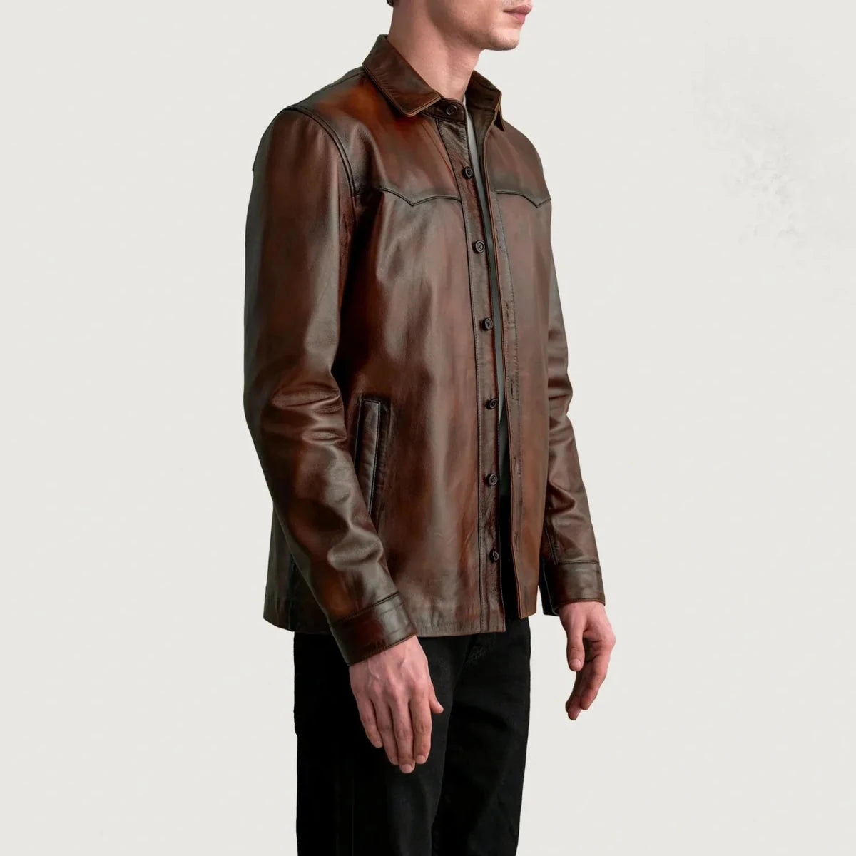 Bronco Distressed Brown Leather Shirt - Vox Leather