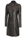 Bryson Women's Rub Off Dark Brown Leather Long 3/4 Coat - Rare Leather