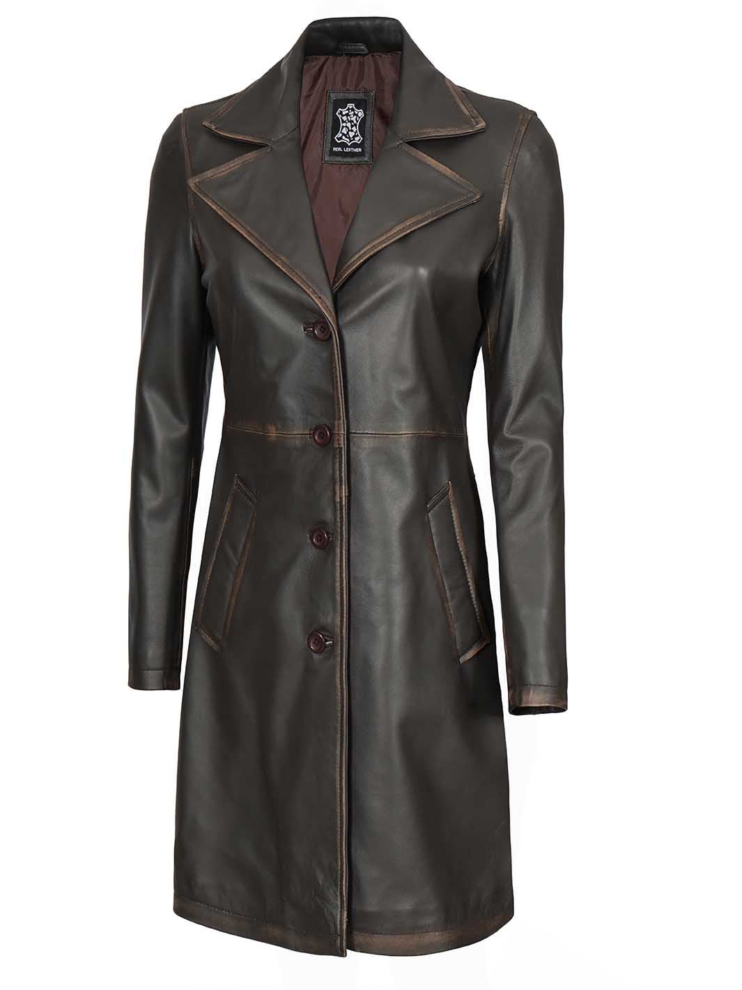 Bryson Women's Rub Off Dark Brown Leather Long 3/4 Coat - Rare Leather