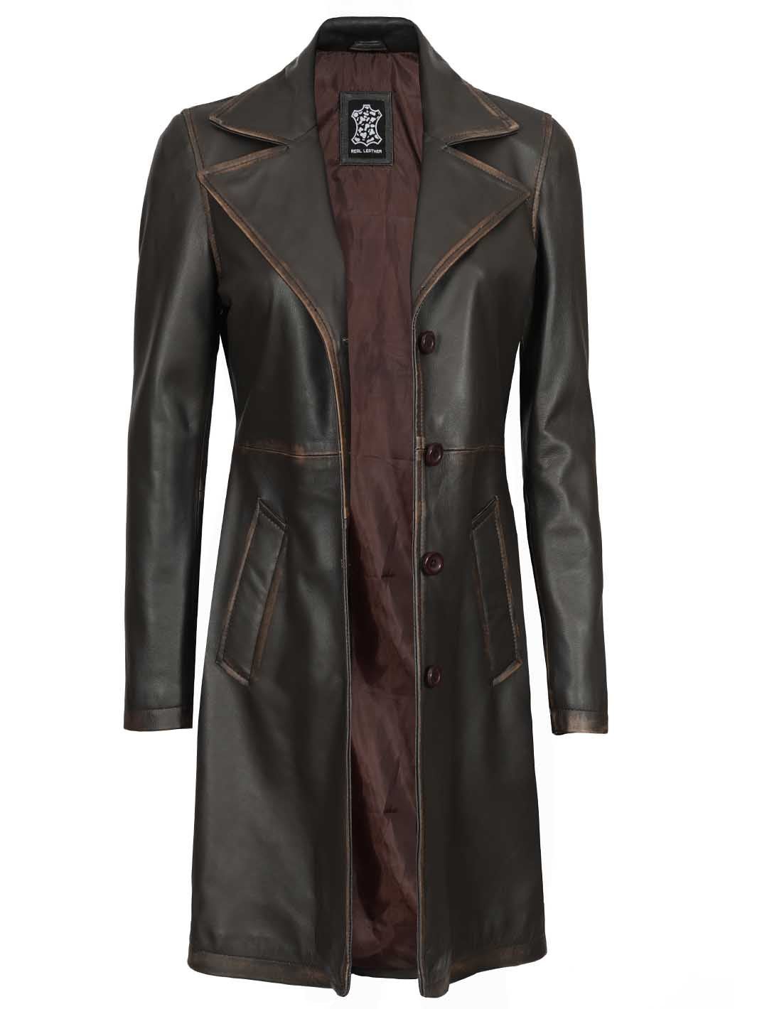 Bryson Women's Rub Off Dark Brown Leather Long 3/4 Coat - Rare Leather