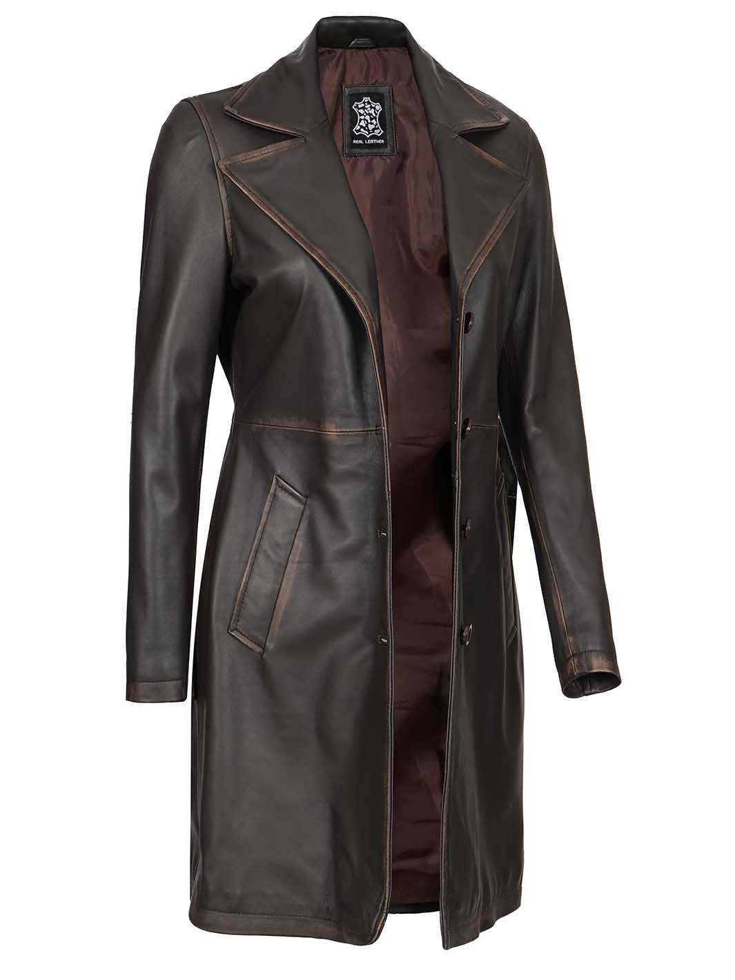 Bryson Women's Rub Off Dark Brown Leather Long 3/4 Coat - Rare Leather