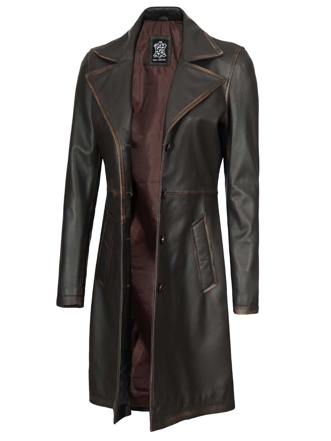 Bryson Women's Rub Off Dark Brown Leather Long 3/4 Coat - Rare Leather