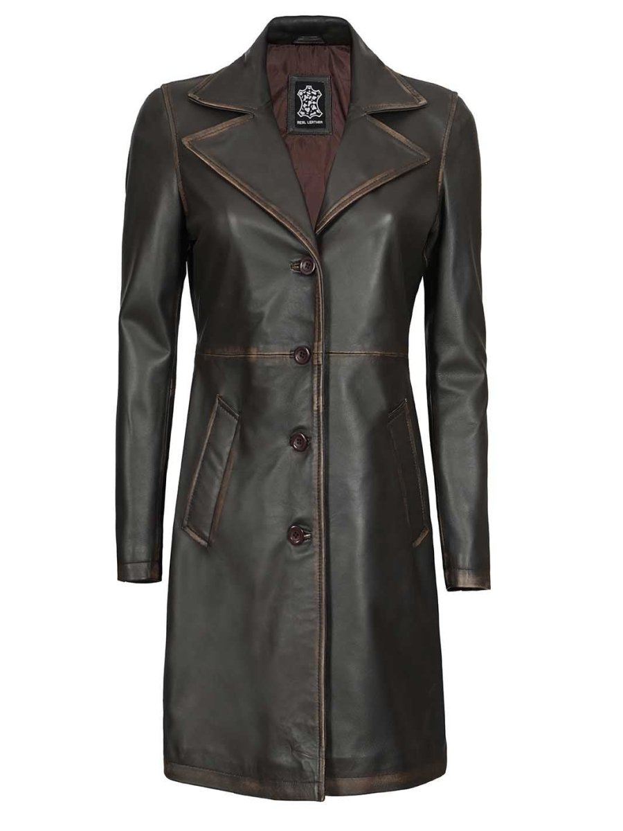 Bryson Women's Rub Off Dark Brown Leather Long 3/4 Coat - Vox Leather