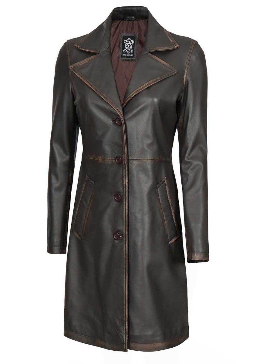 Bryson Women's Rub Off Dark Brown Leather Long 3/4 Coat - Vox Leather