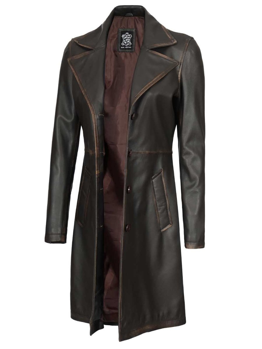 Bryson Women's Rub Off Dark Brown Leather Long 3/4 Coat - Vox Leather