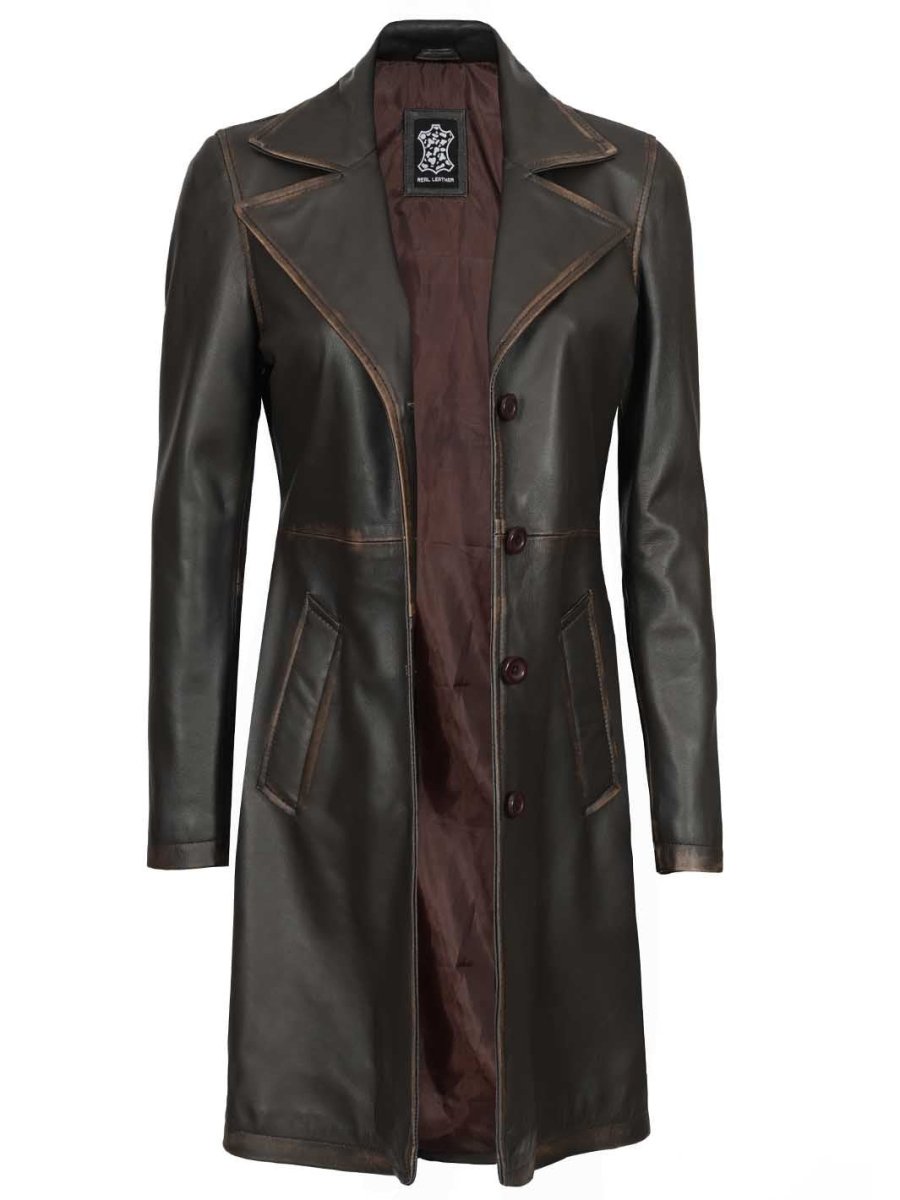 Bryson Women's Rub Off Dark Brown Leather Long 3/4 Coat - Vox Leather