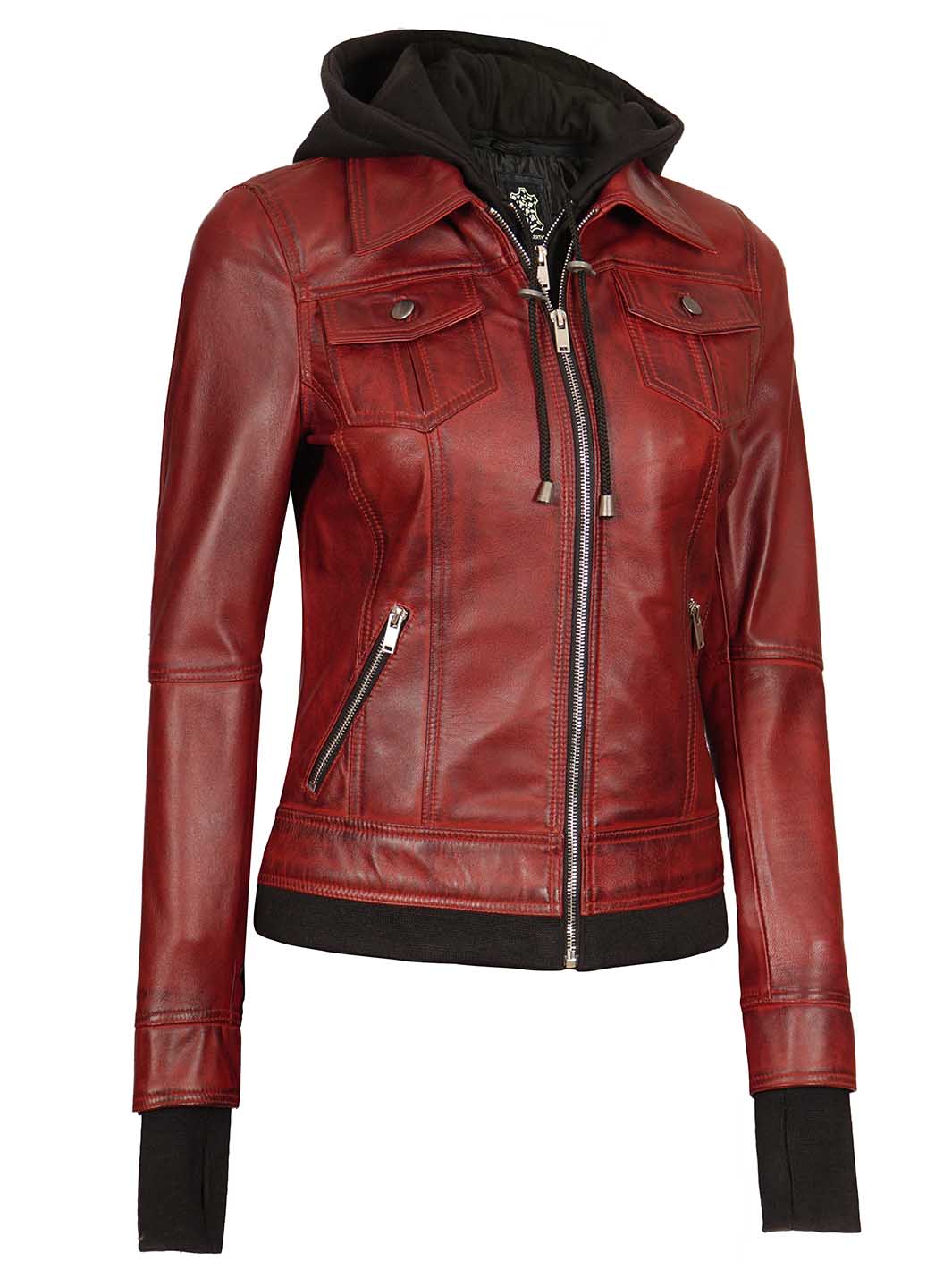 Burgundy Womens Leather Bomber Jacket with Hood - Rare Leather