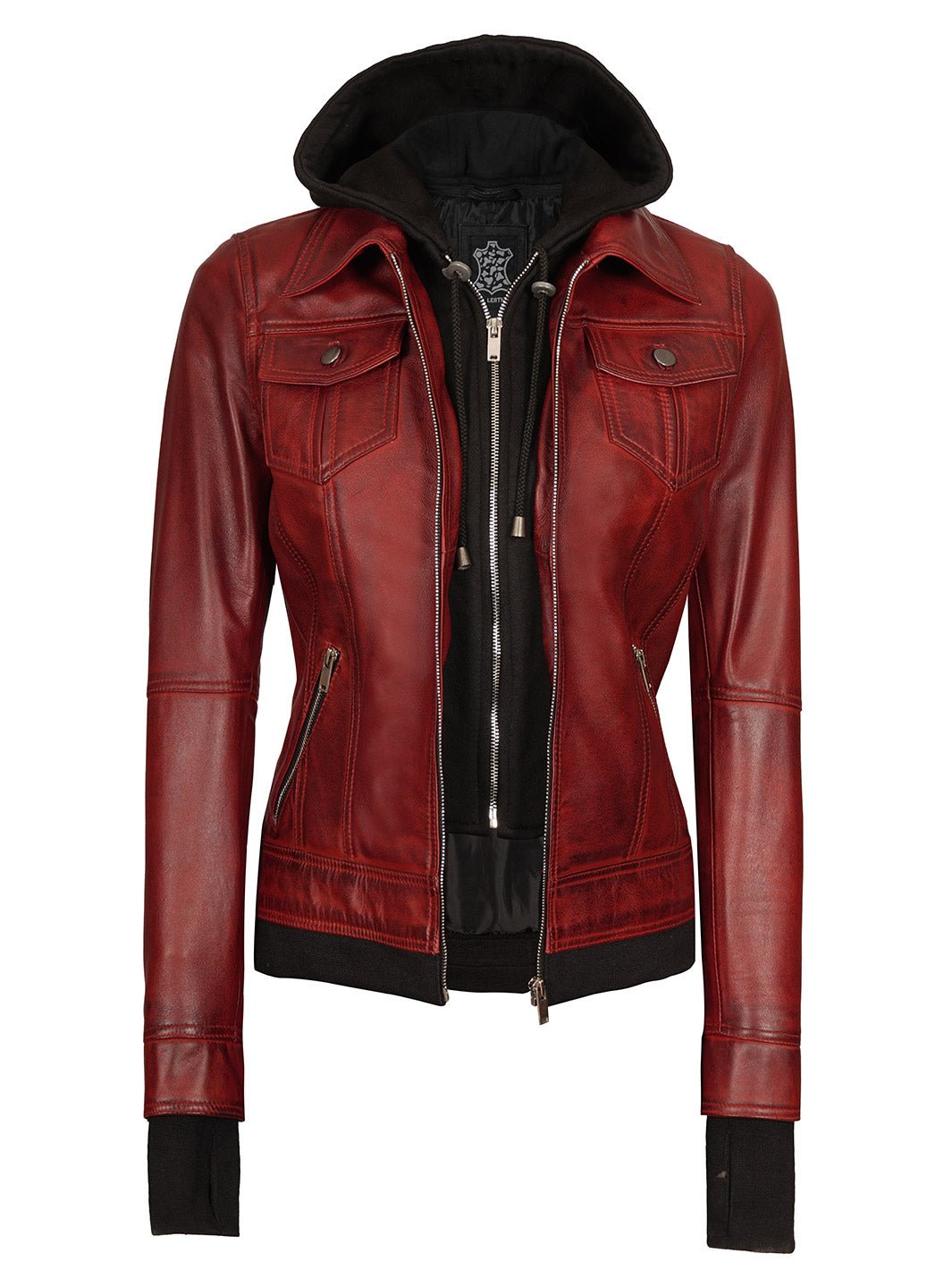 Burgundy Womens Leather Bomber Jacket with Hood - Rare Leather