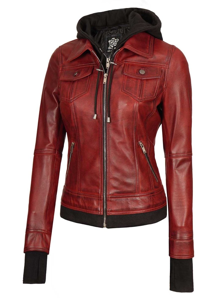 Burgundy Womens Leather Bomber Jacket with Hood - Vox Leather