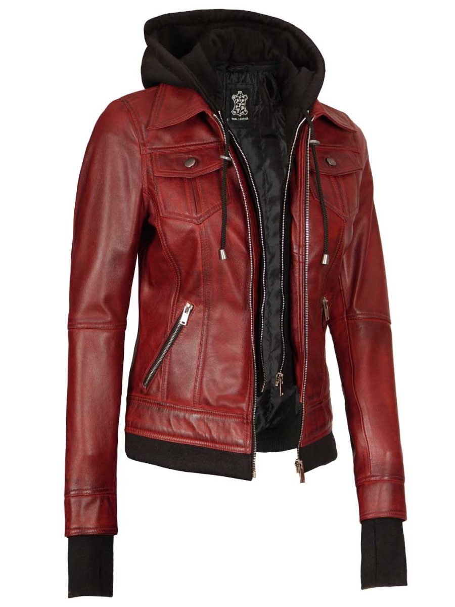 Burgundy Womens Leather Bomber Jacket with Hood - Vox Leather