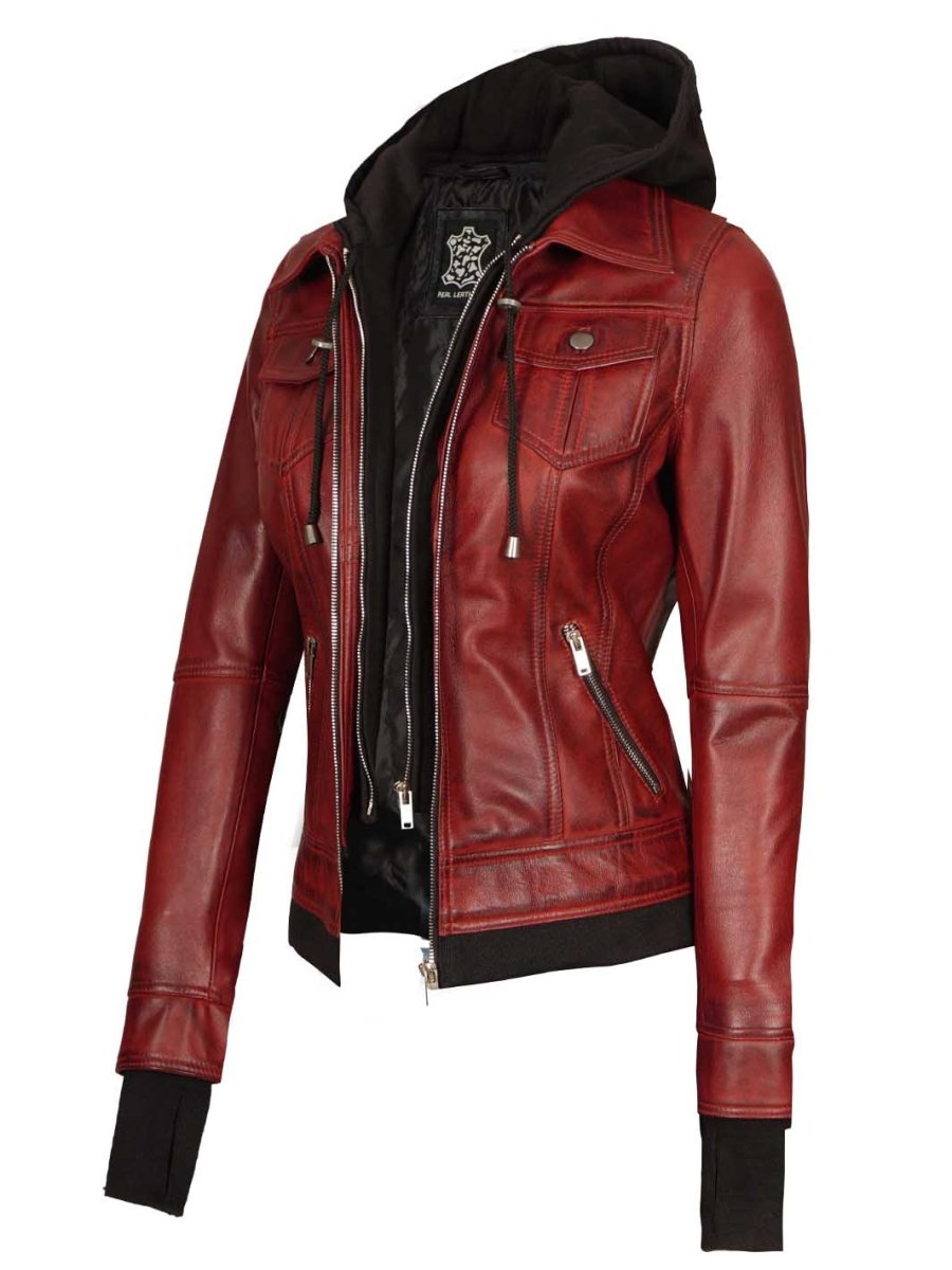 Burgundy Womens Leather Bomber Jacket with Hood - Vox Leather