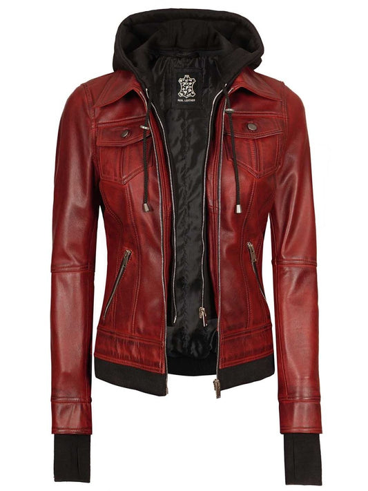 Burgundy Womens Leather Bomber Jacket with Hood - Vox Leather
