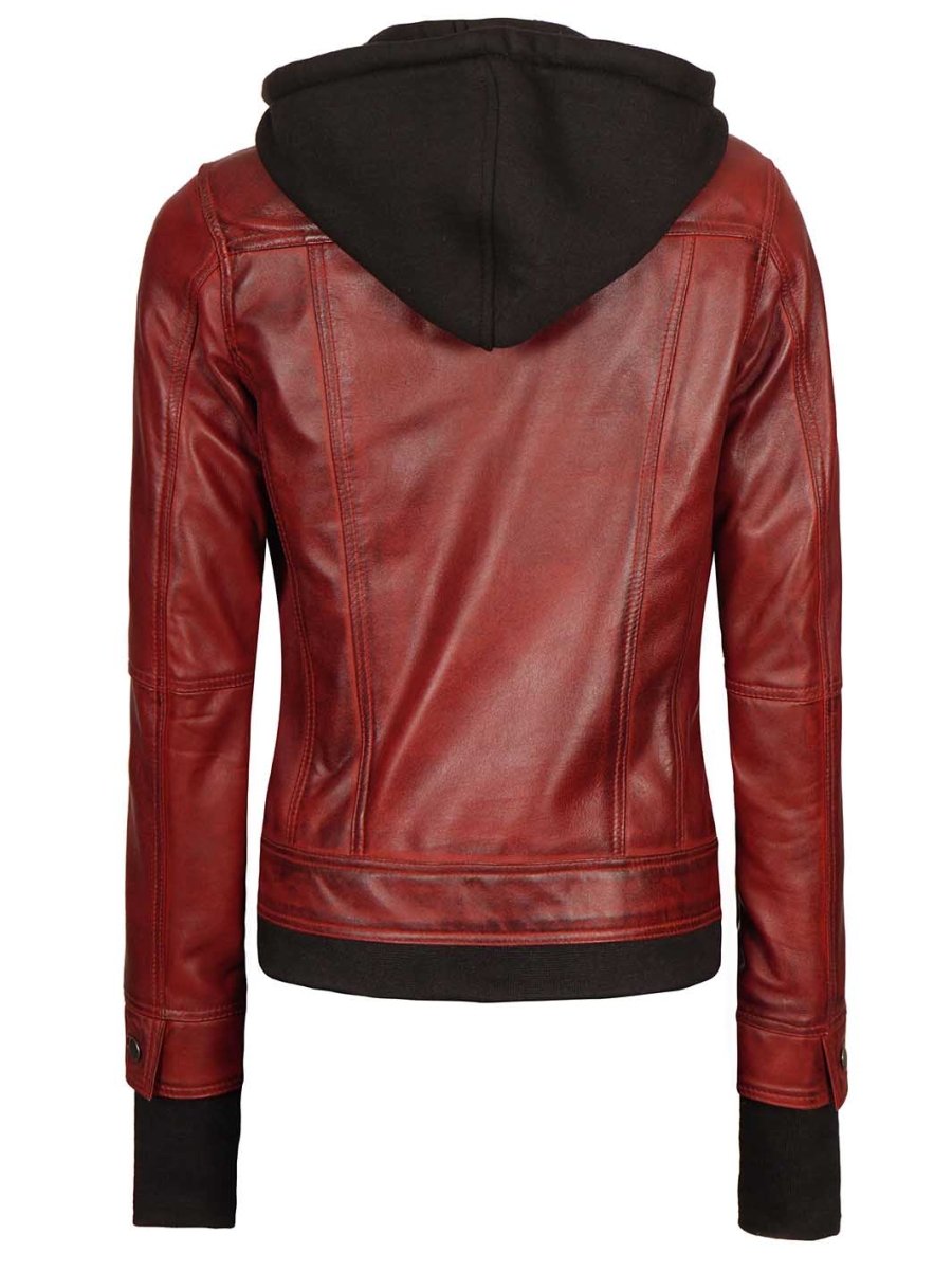 Burgundy Womens Leather Bomber Jacket with Hood - Vox Leather