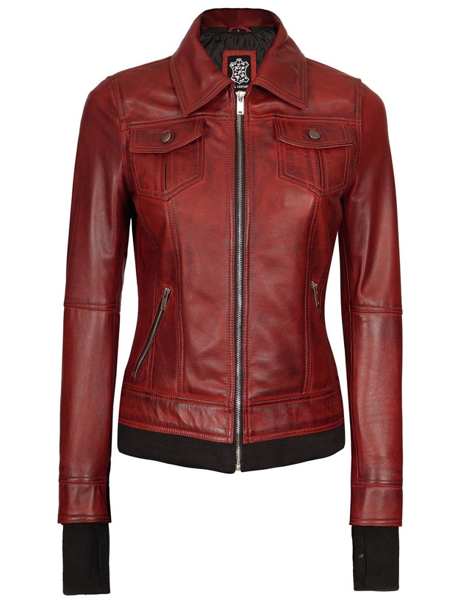 Burgundy Womens Leather Bomber Jacket with Hood - Vox Leather