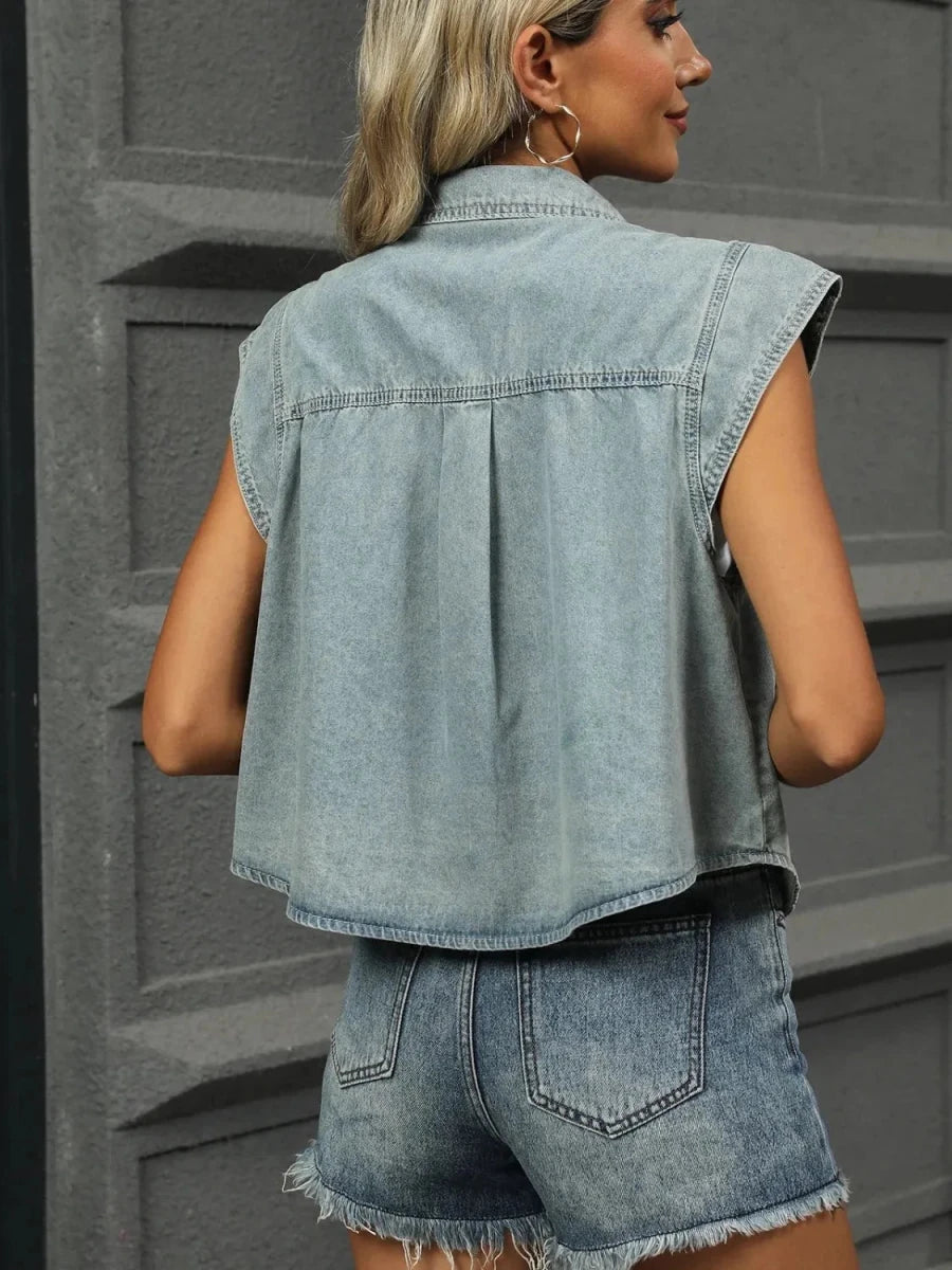 Button Up Cap Sleeve Denim Jacket - Vox Leather