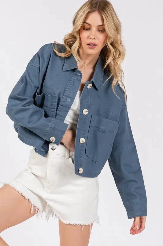 bytos Button Down Cropped Denim Jacket with Patch Pockets - Vox Leather