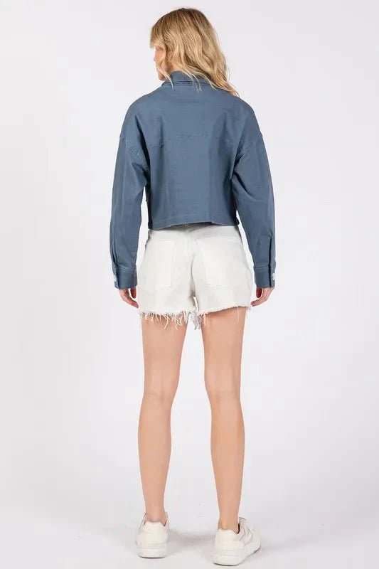bytos Button Down Cropped Denim Jacket with Patch Pockets - Vox Leather