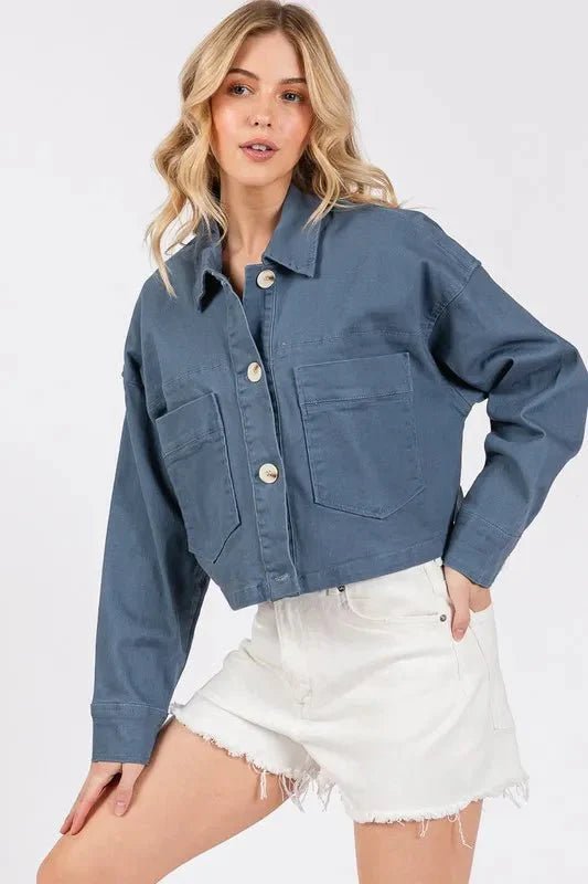 bytos Button Down Cropped Denim Jacket with Patch Pockets - Vox Leather