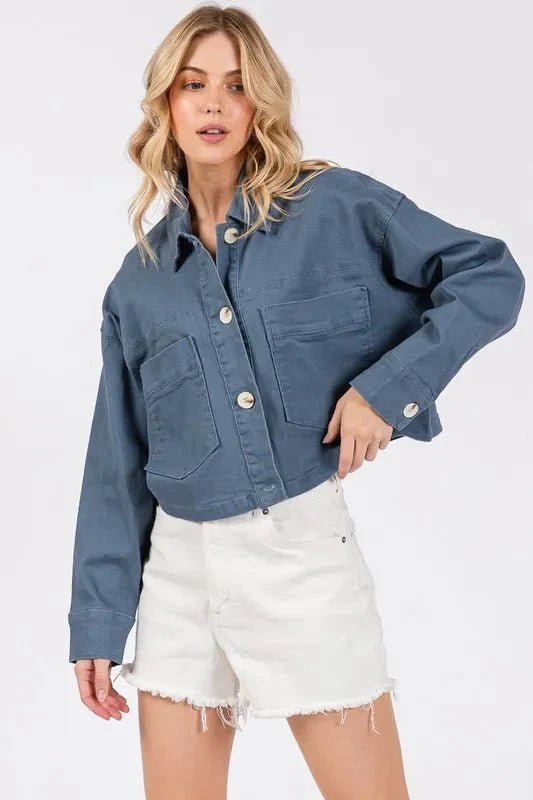 bytos Button Down Cropped Denim Jacket with Patch Pockets - Vox Leather