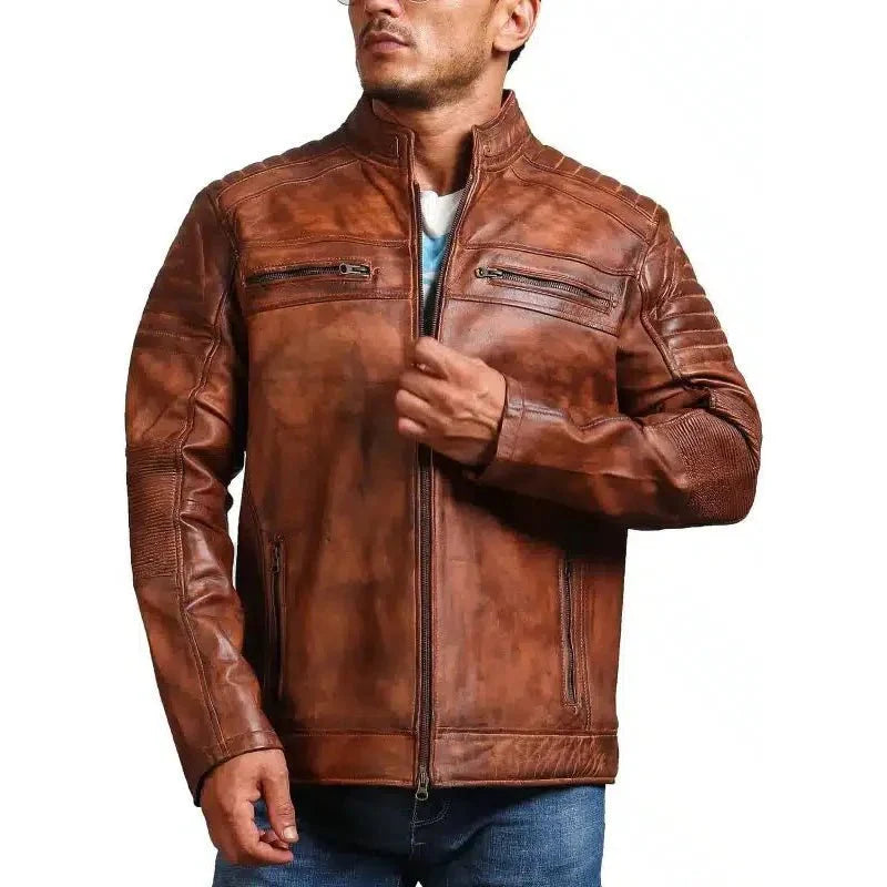 Cafe Racer Vintage Brown Cowhide Motorcycle Jacket - Rare Leather