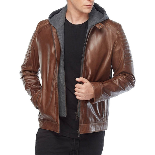Cameron Brown Hooded Men’s Leather Jacket - Vox Leather