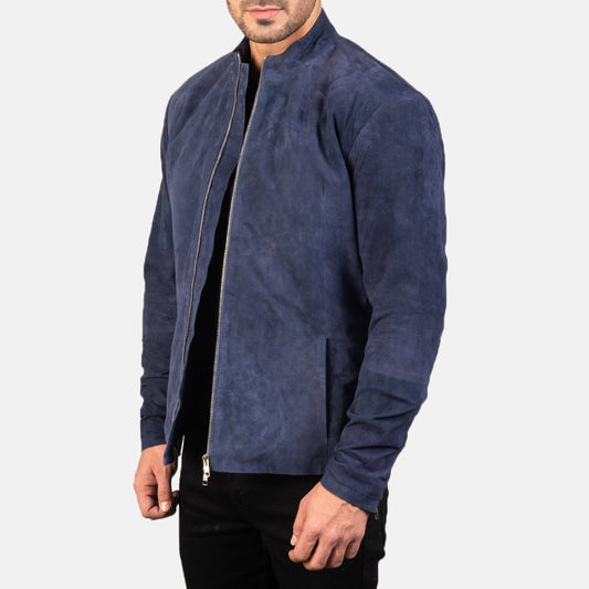 Charcoal Navy Blue Suede Biker Jacket - Vox Leather