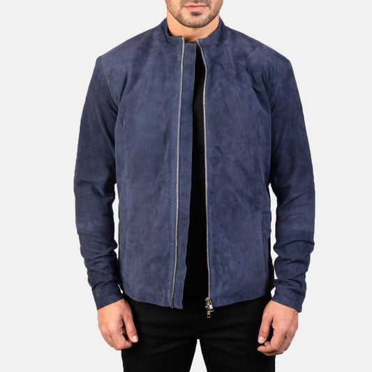 Charcoal Navy Blue Suede Biker Jacket - Vox Leather