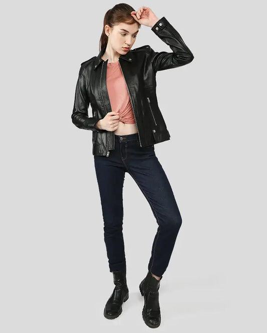 Charmaine Black Racer Leather Jackets - Vox Leather