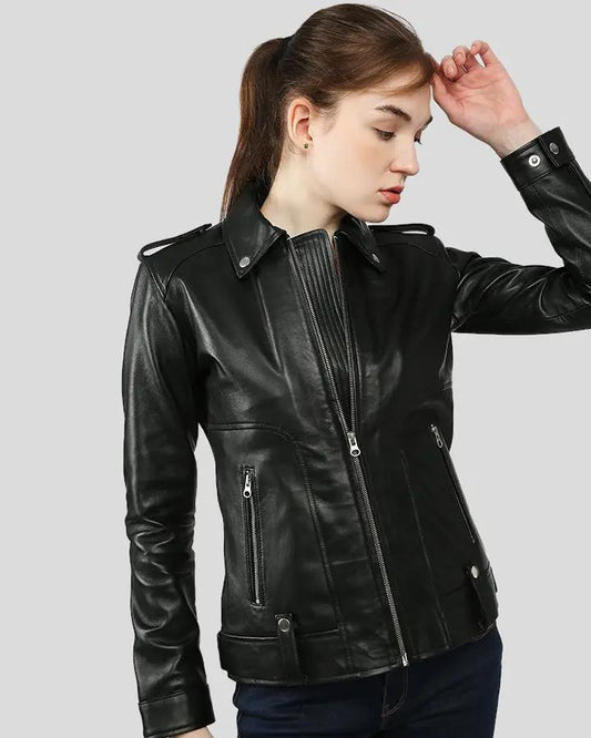 Charmaine Black Racer Leather Jackets - Vox Leather