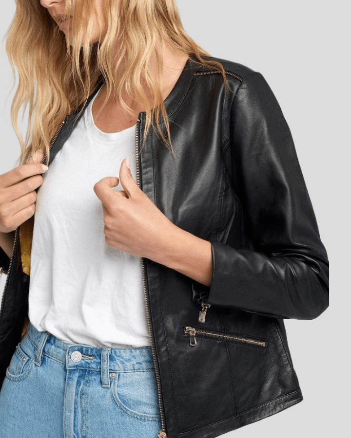 Chic Noir Crew Neck Black Racer Leather Jacket - Vox Leather