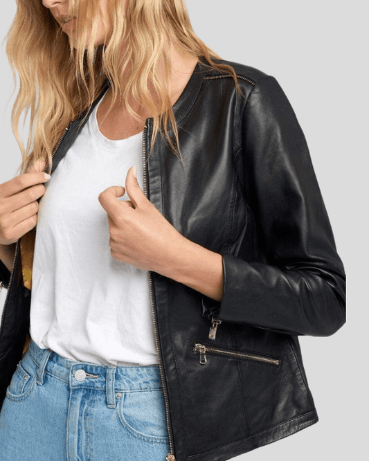 Chic Noir Crew Neck Black Racer Leather Jacket - Vox Leather