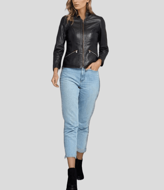 Chic Noir Crew Neck Black Racer Leather Jacket - Vox Leather