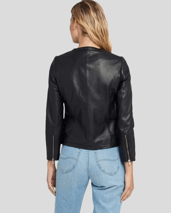 Chic Noir Crew Neck Black Racer Leather Jacket - Vox Leather