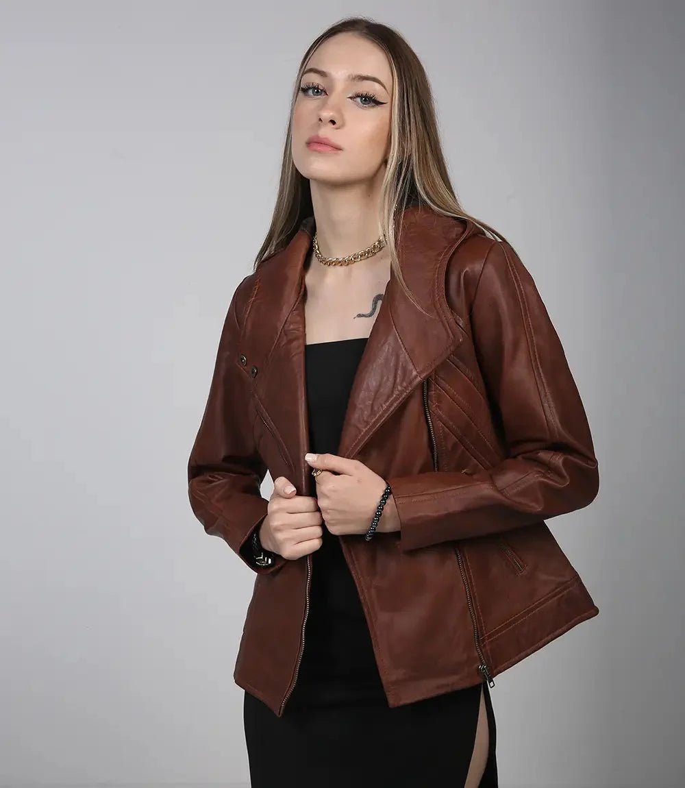 Cidra Women Asymmetrical Brown Hooded Leather Jacket - Vox Leather