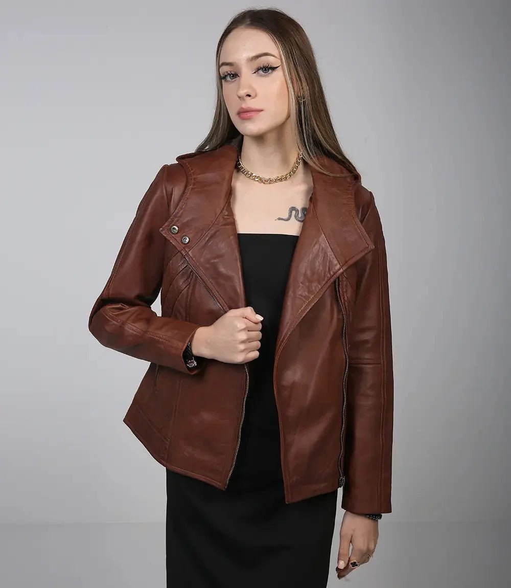 Cidra Women Asymmetrical Brown Hooded Leather Jacket - Vox Leather