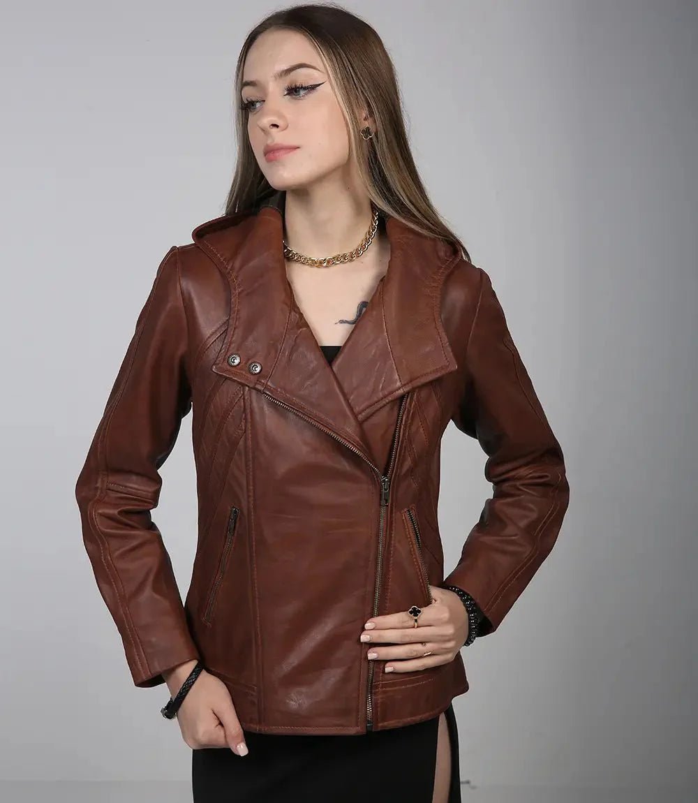 Cidra Women Asymmetrical Brown Hooded Leather Jacket - Vox Leather