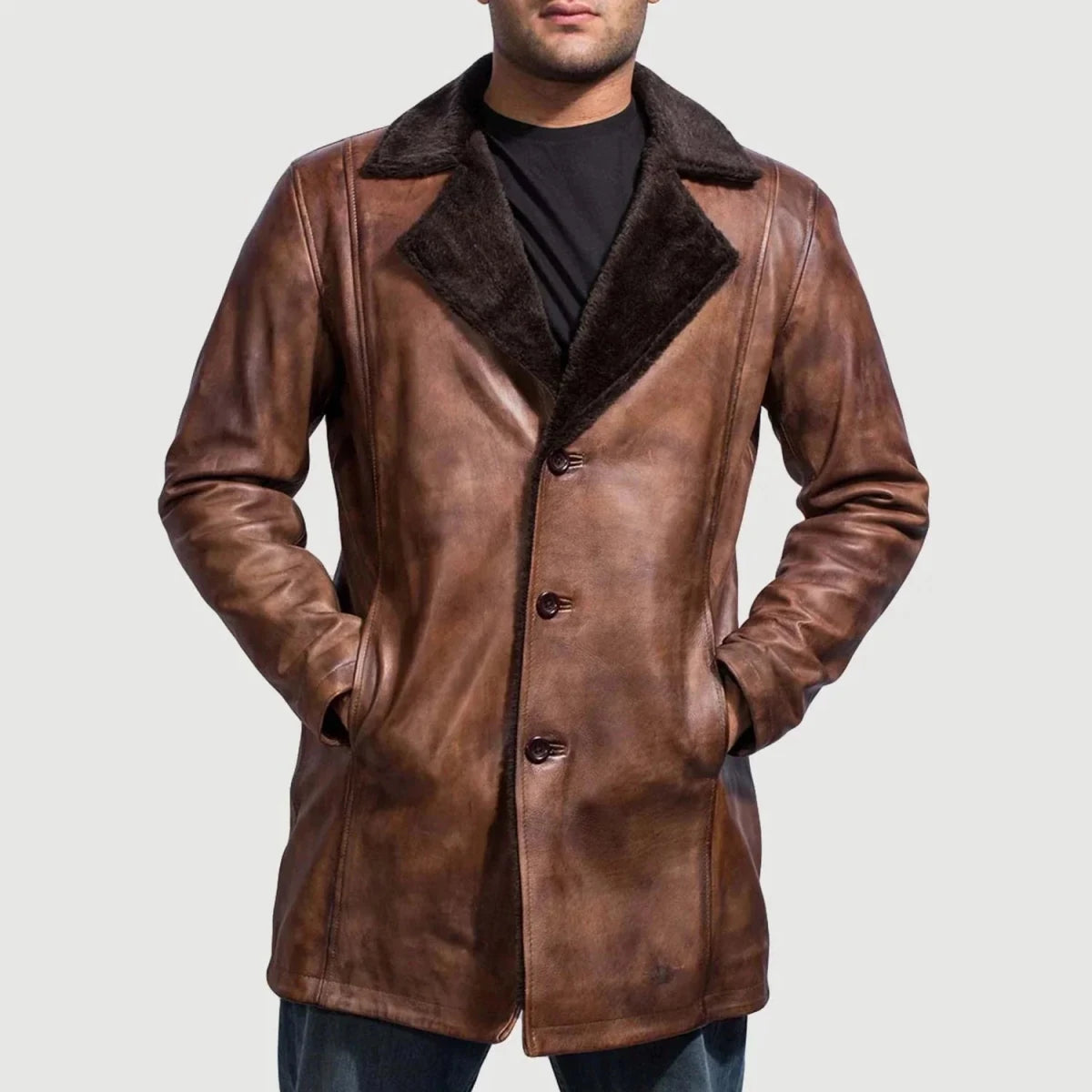 Cinnamon Distressed Leather Fur Coat - Vox Leather
