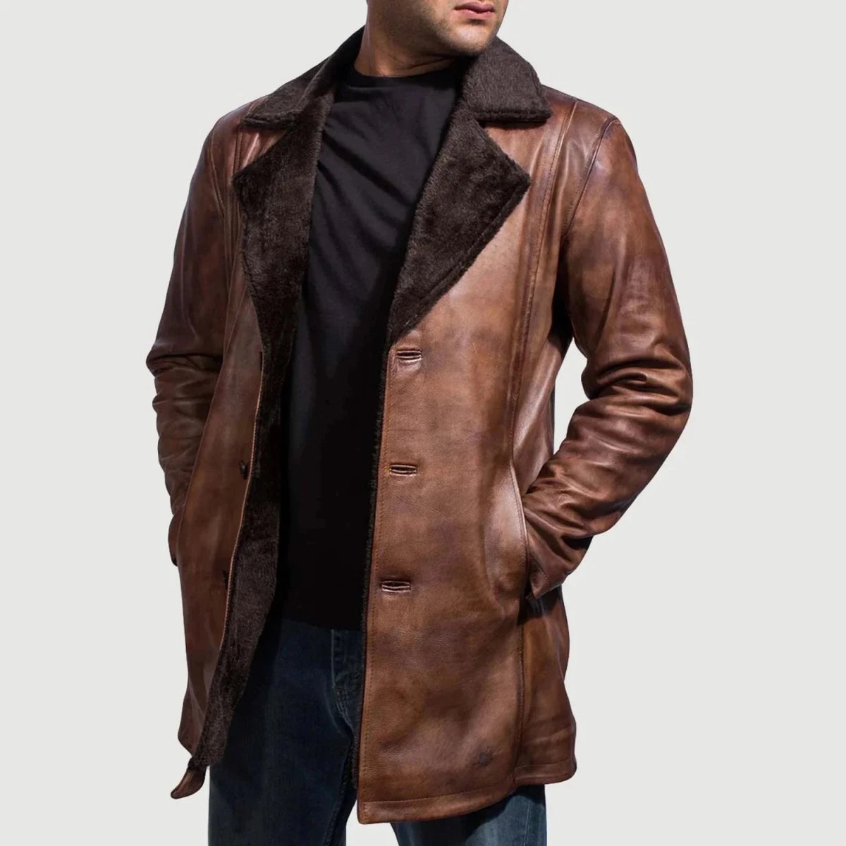 Cinnamon Distressed Leather Fur Coat - Vox Leather