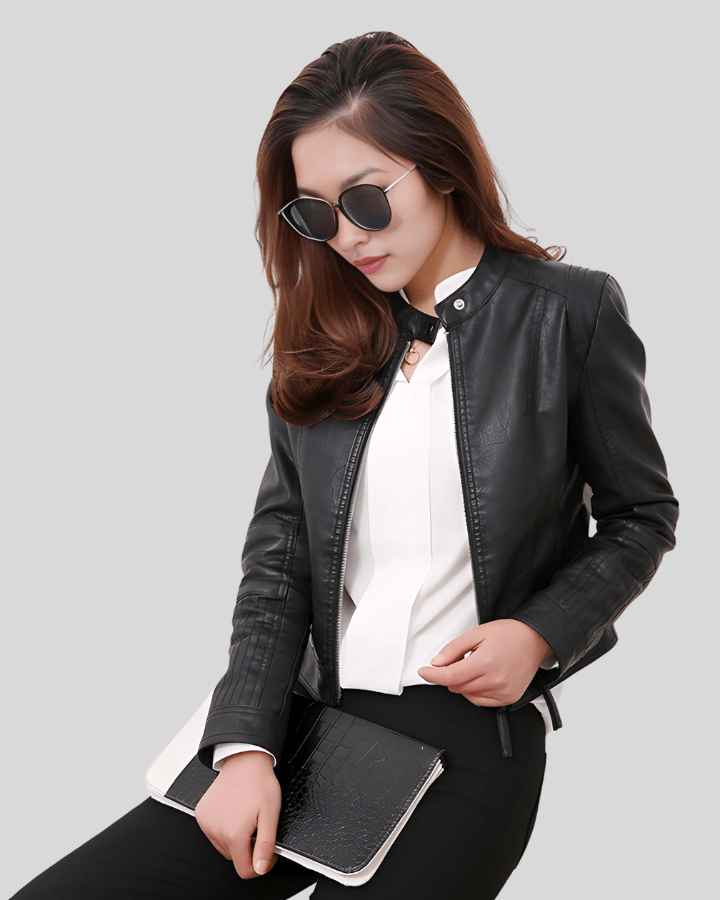 City Sleek Women's Fitted Black Leather Jacket with Textured Sleeves - Rare Leather