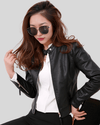 City Sleek Women's Fitted Black Leather Jacket with Textured Sleeves - Rare Leather