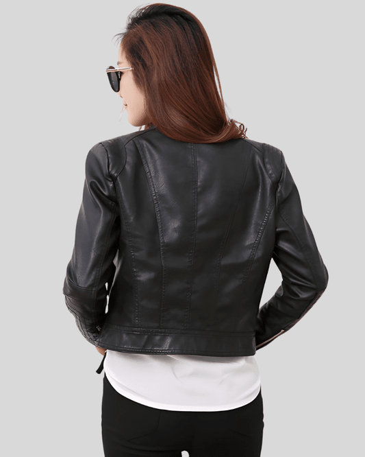 City Sleek Women's Fitted Black Leather Jacket with Textured Sleeves - Vox Leather