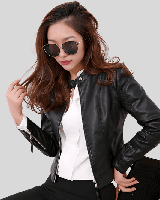 City Sleek Women's Fitted Black Leather Jacket with Textured Sleeves - Vox Leather