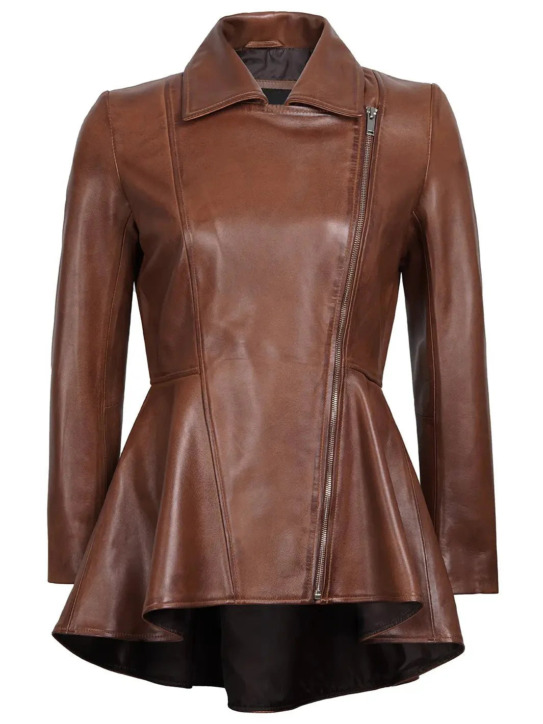 Clarissa Womens Cognac Brown Peplum Leather Jacket - Rare Leather