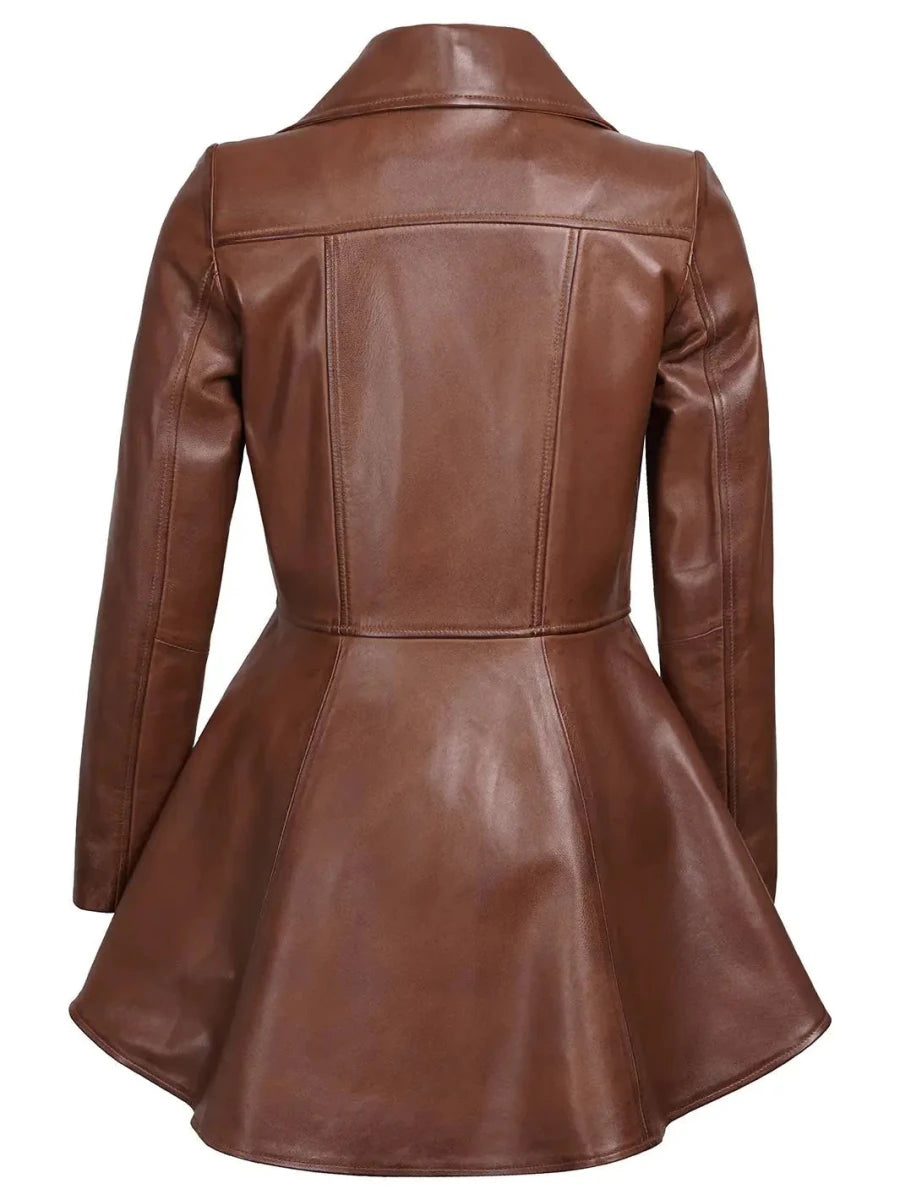 Clarissa Womens Cognac Brown Peplum Leather Jacket - Vox Leather