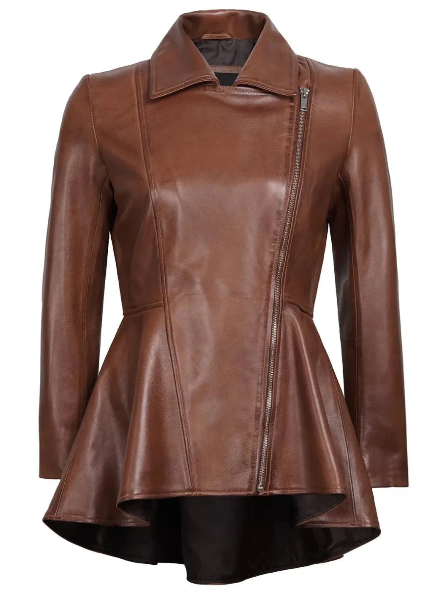Clarissa Womens Cognac Brown Peplum Leather Jacket - Vox Leather