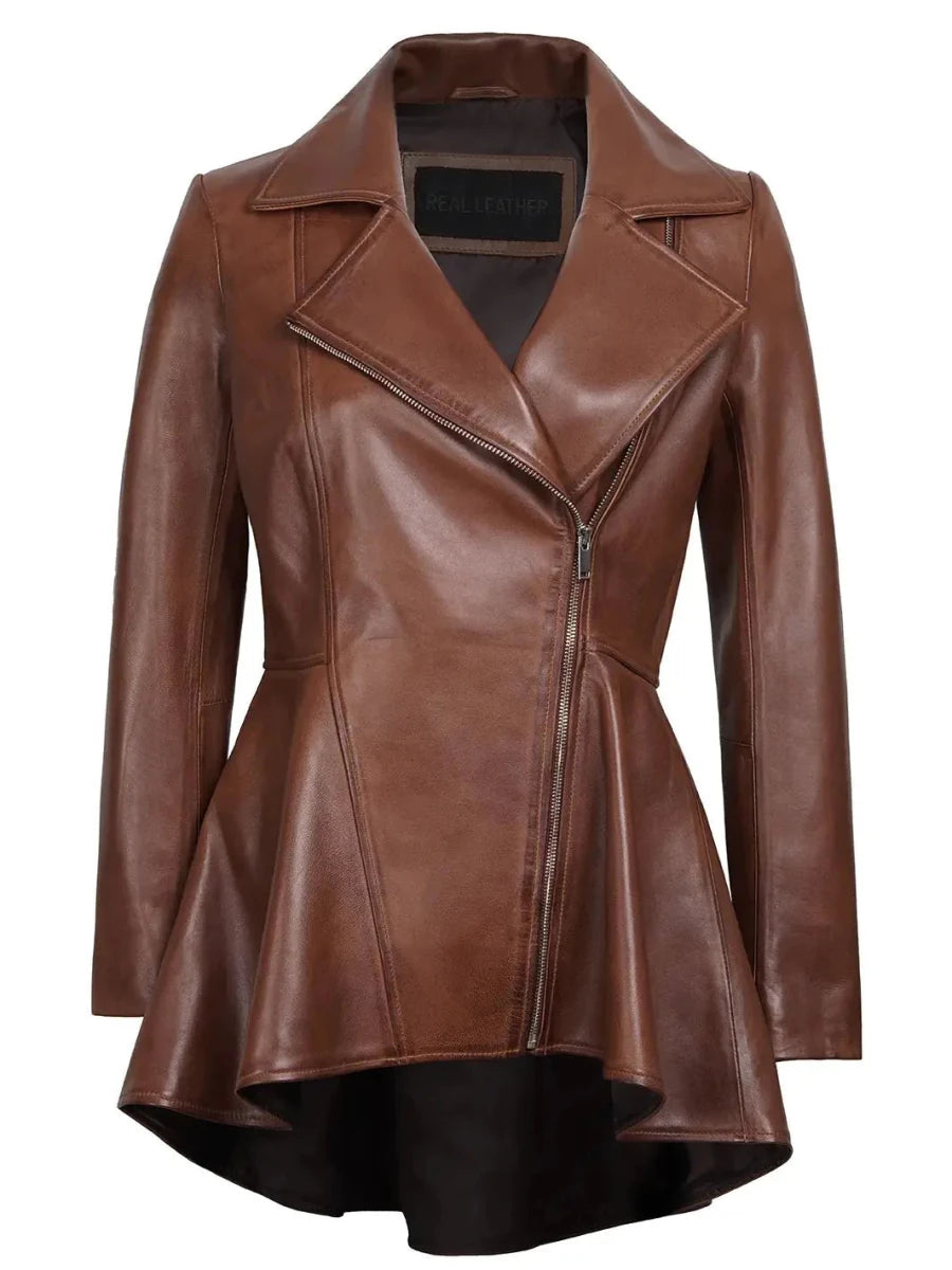 Clarissa Womens Cognac Brown Peplum Leather Jacket - Vox Leather