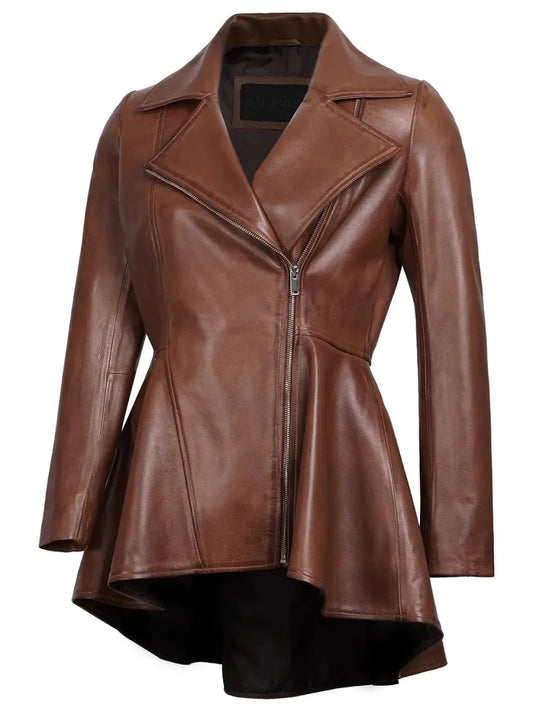 Clarissa Womens Cognac Brown Peplum Leather Jacket - Vox Leather