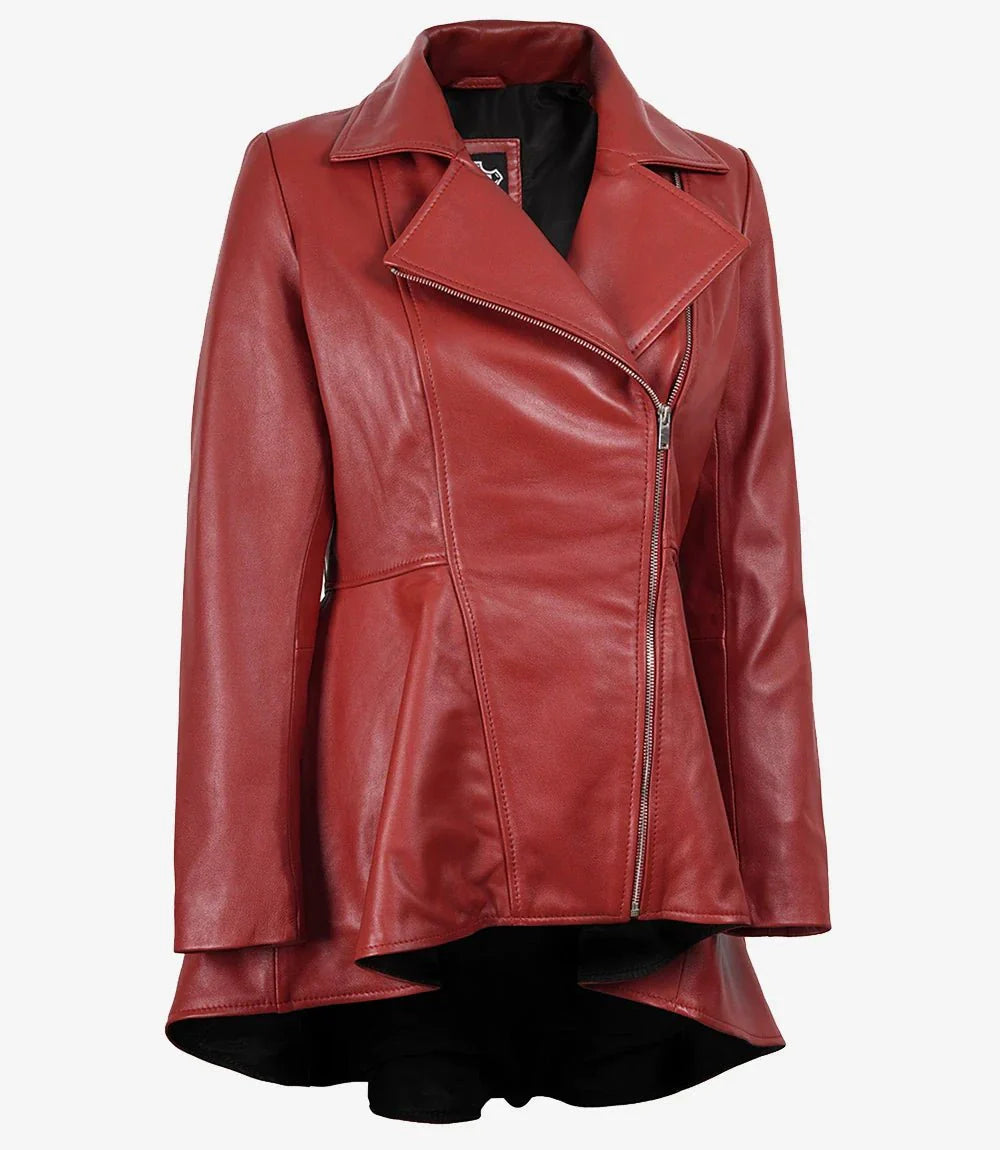 Clarissa Womens Red Asymmetrical Peplum Leather Jacket - Rare Leather