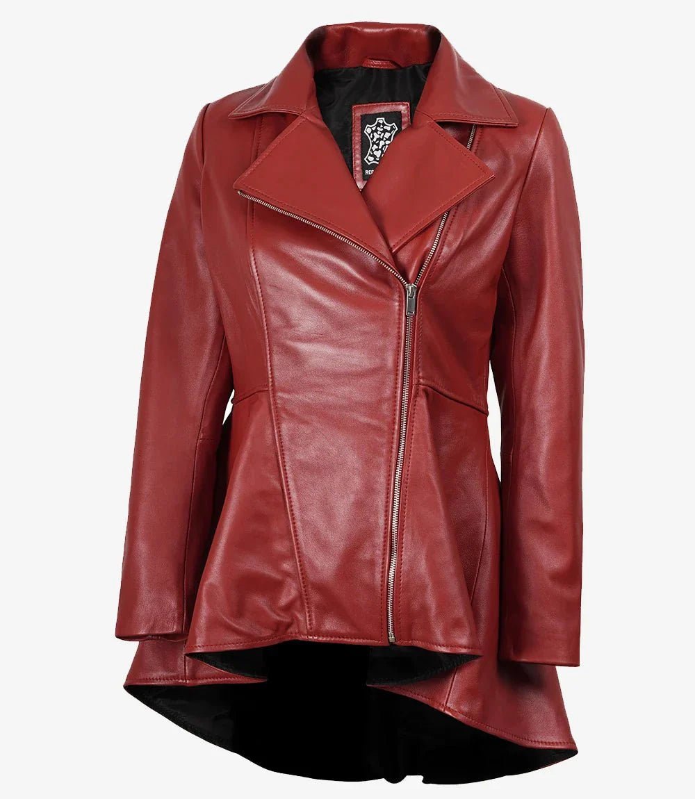 Clarissa Womens Red Asymmetrical Peplum Leather Jacket - Vox Leather