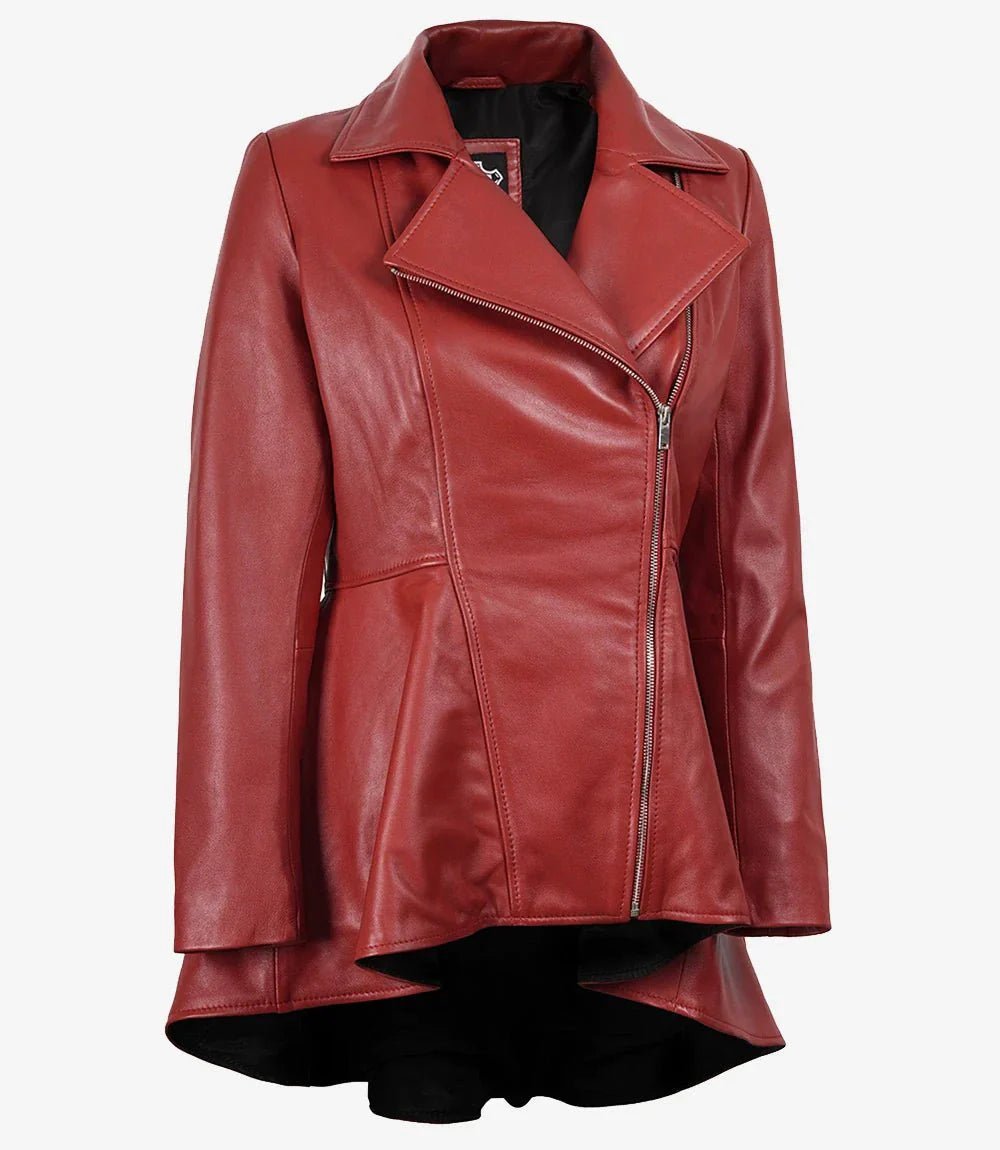 Clarissa Womens Red Asymmetrical Peplum Leather Jacket - Vox Leather